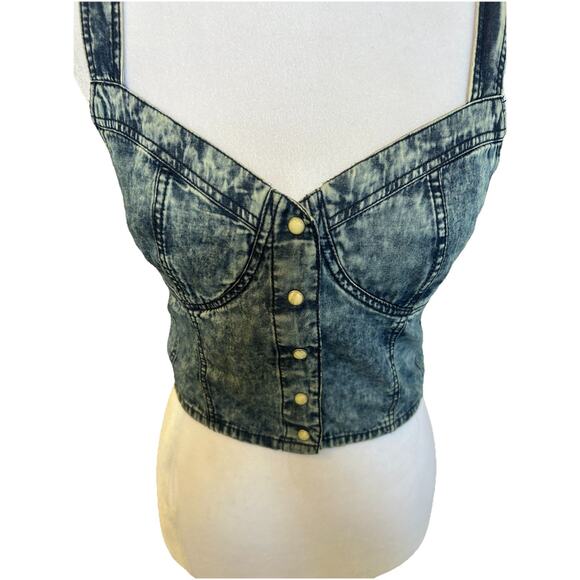 NWT Denim Jean Corset Bustier Crop Tank Top Country Western Cowgirl Pearl Snap 4 - Picture 1 of 12